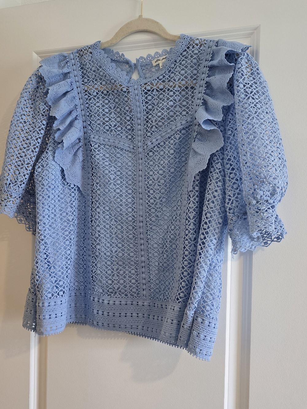 Ultra Pink Sky Blue Crochet Ruffle Sleeve Blouse